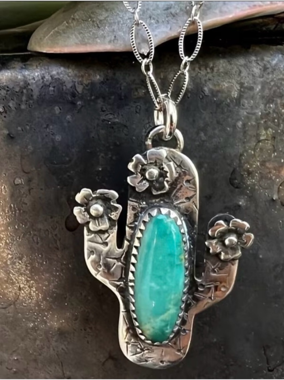Silver Cactus Pendant Necklace with Turquoise Stone